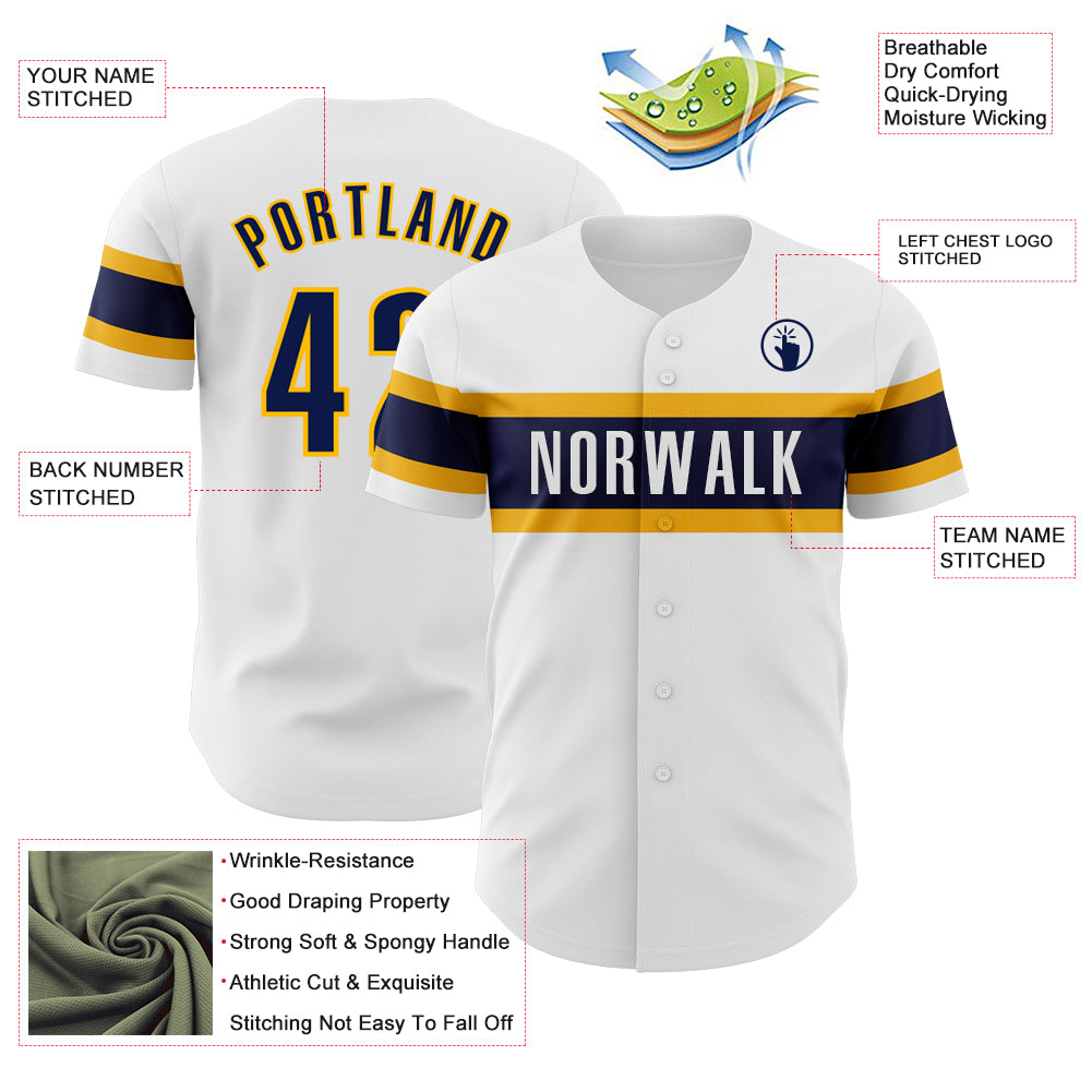 Custom White Navy-Gold Authentic Baseball Jersey