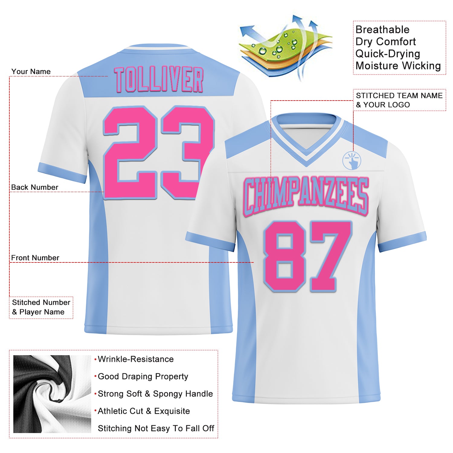 Custom White Pink-Light Blue Authentic Football Jersey