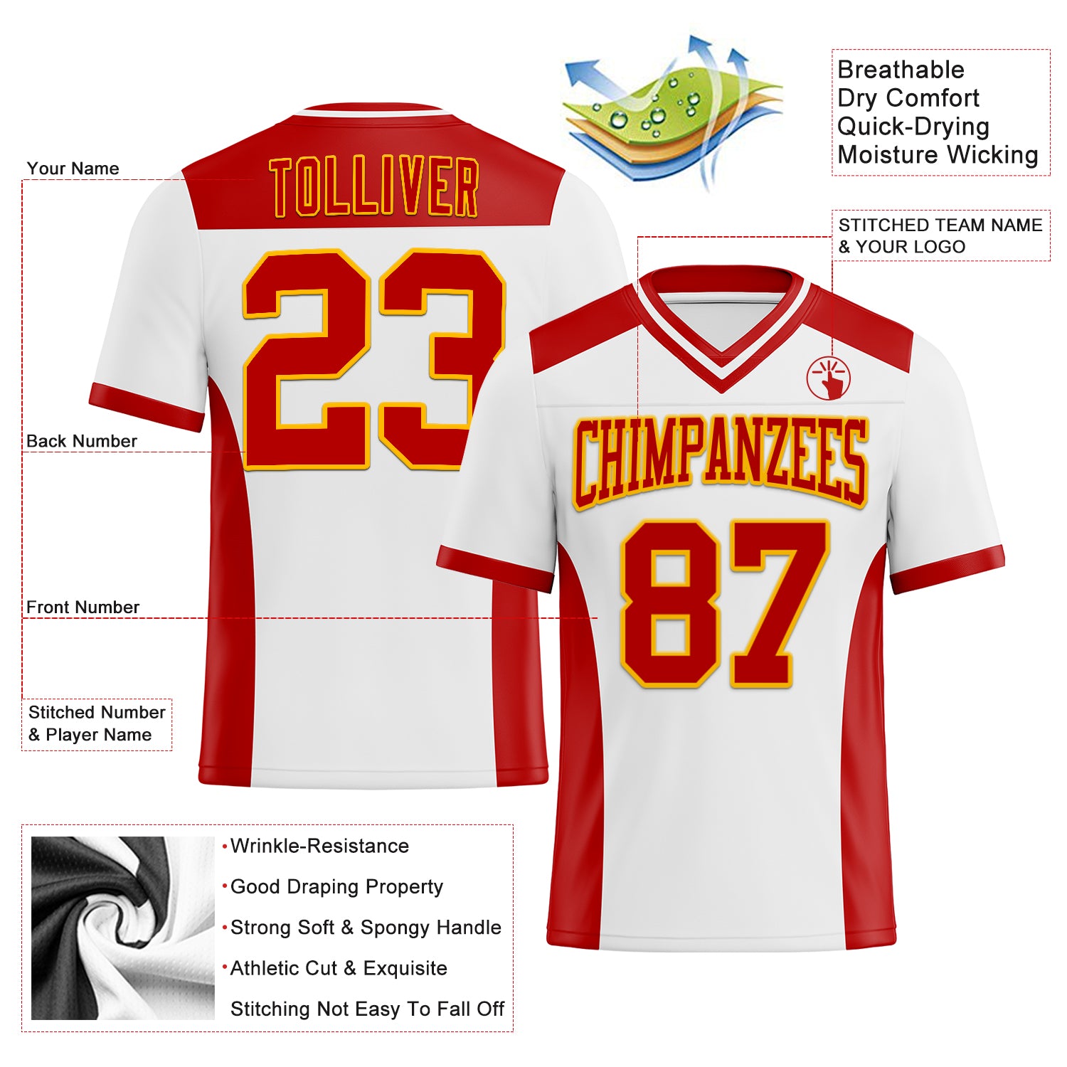 Custom White Red-Gold Authentic Football Jersey