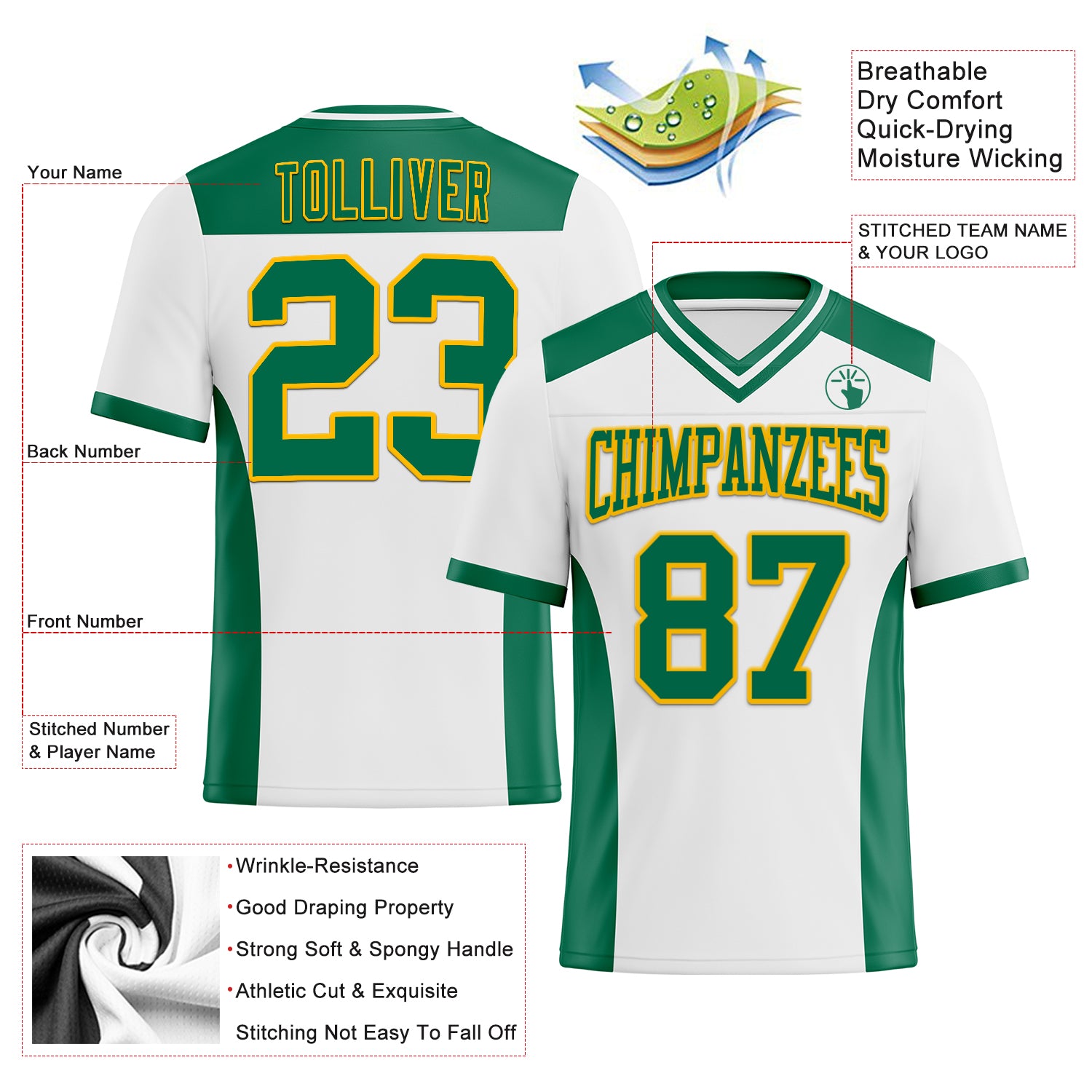 Custom White Kelly Green-Gold Authentic Football Jersey