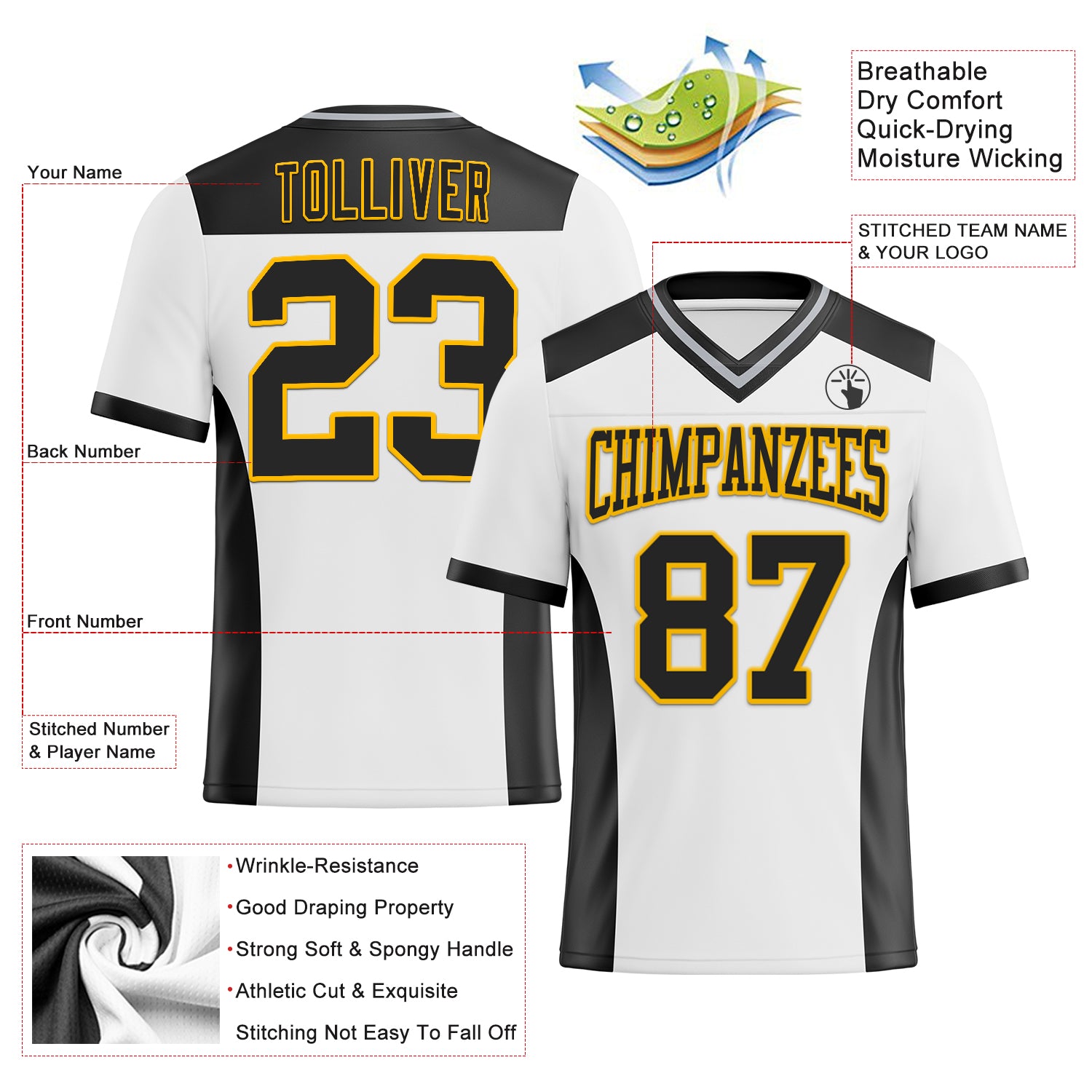 Custom White Black-Gold Authentic Football Jersey