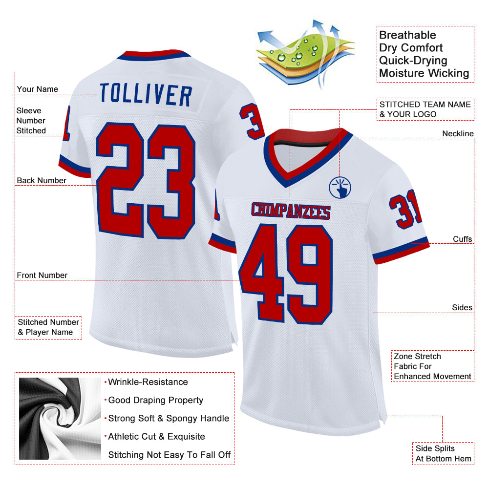 Custom White Red-Royal Mesh Authentic Throwback Football Jersey