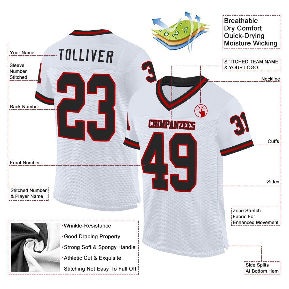 Custom White Black-Red Mesh Authentic Throwback Football Jersey