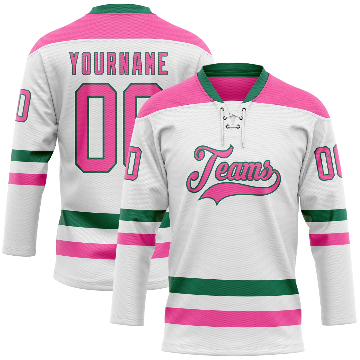 Custom White Pink-Kelly Green Hockey Lace Neck Jersey