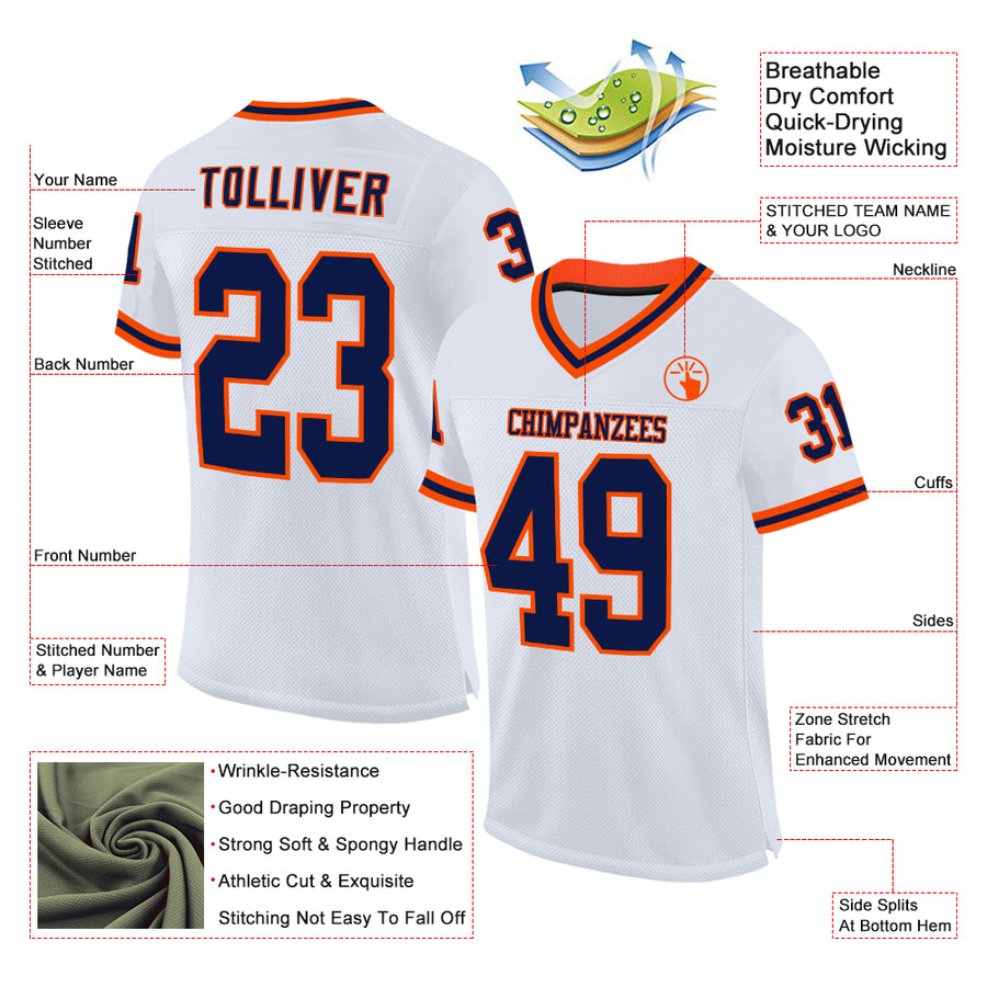Custom White Navy-Orange Mesh Authentic Throwback Football Jersey