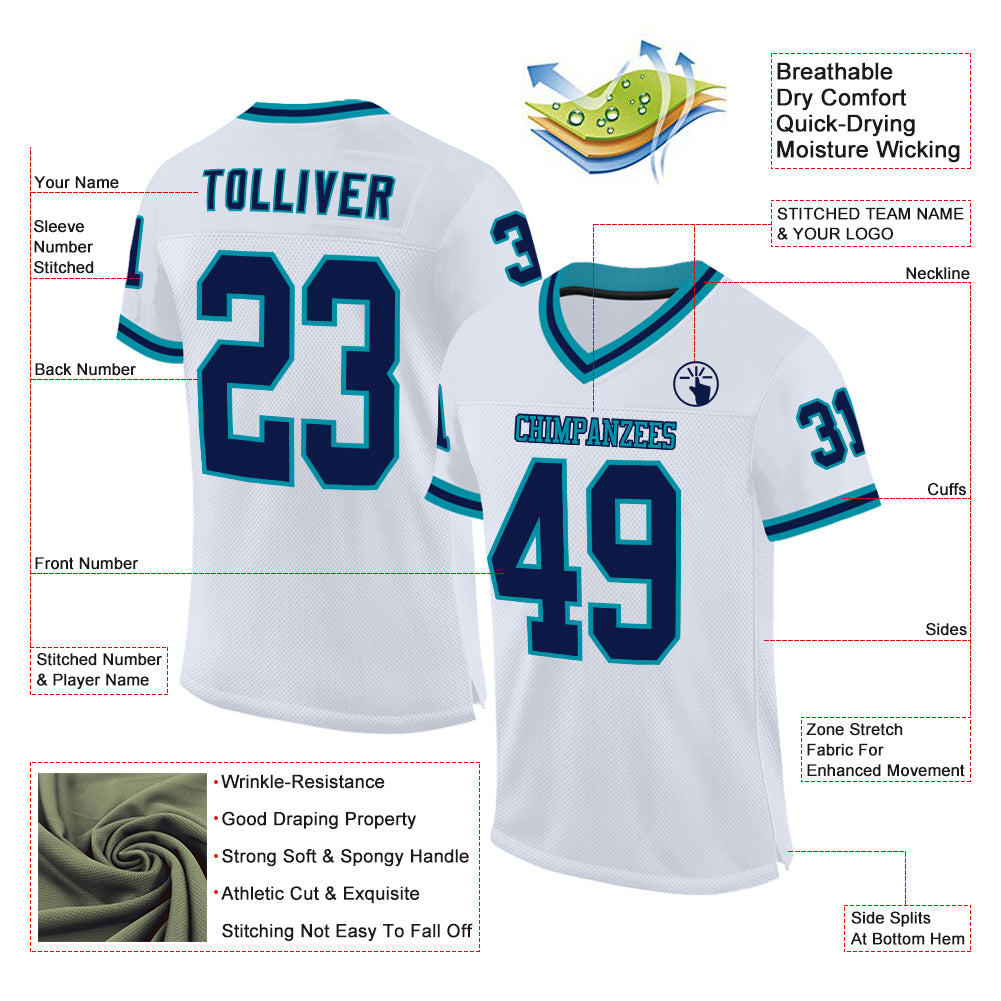 Custom White Navy-Teal Mesh Authentic Throwback Football Jersey