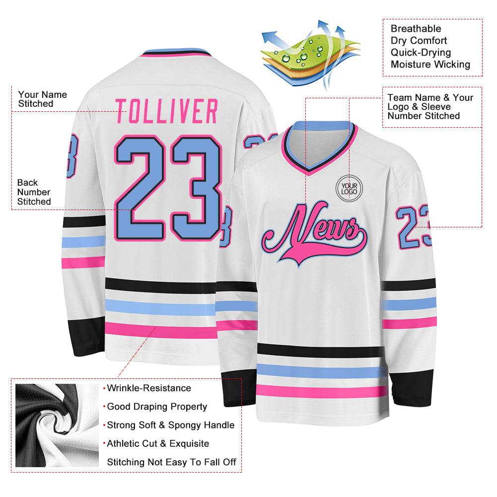 Custom White Light Blue Black-Pink Hockey Jersey