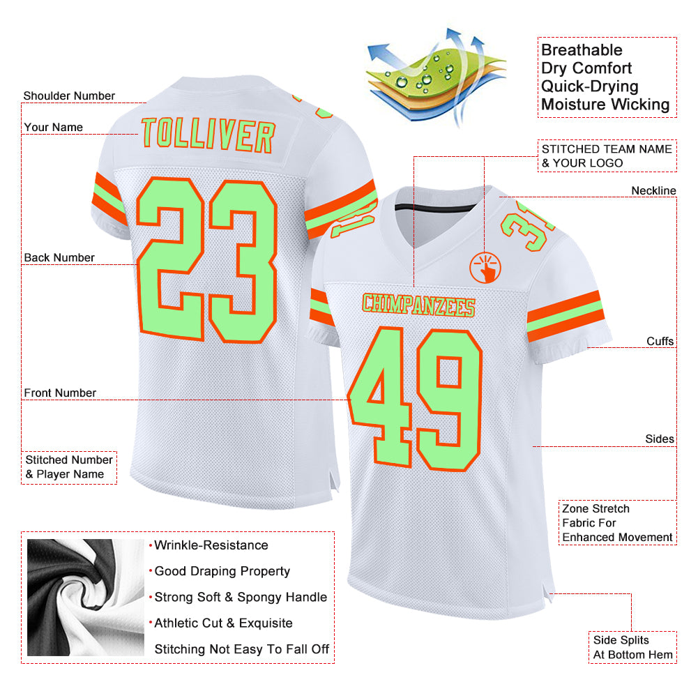 Custom White Pea Green-Orange Mesh Authentic Football Jersey