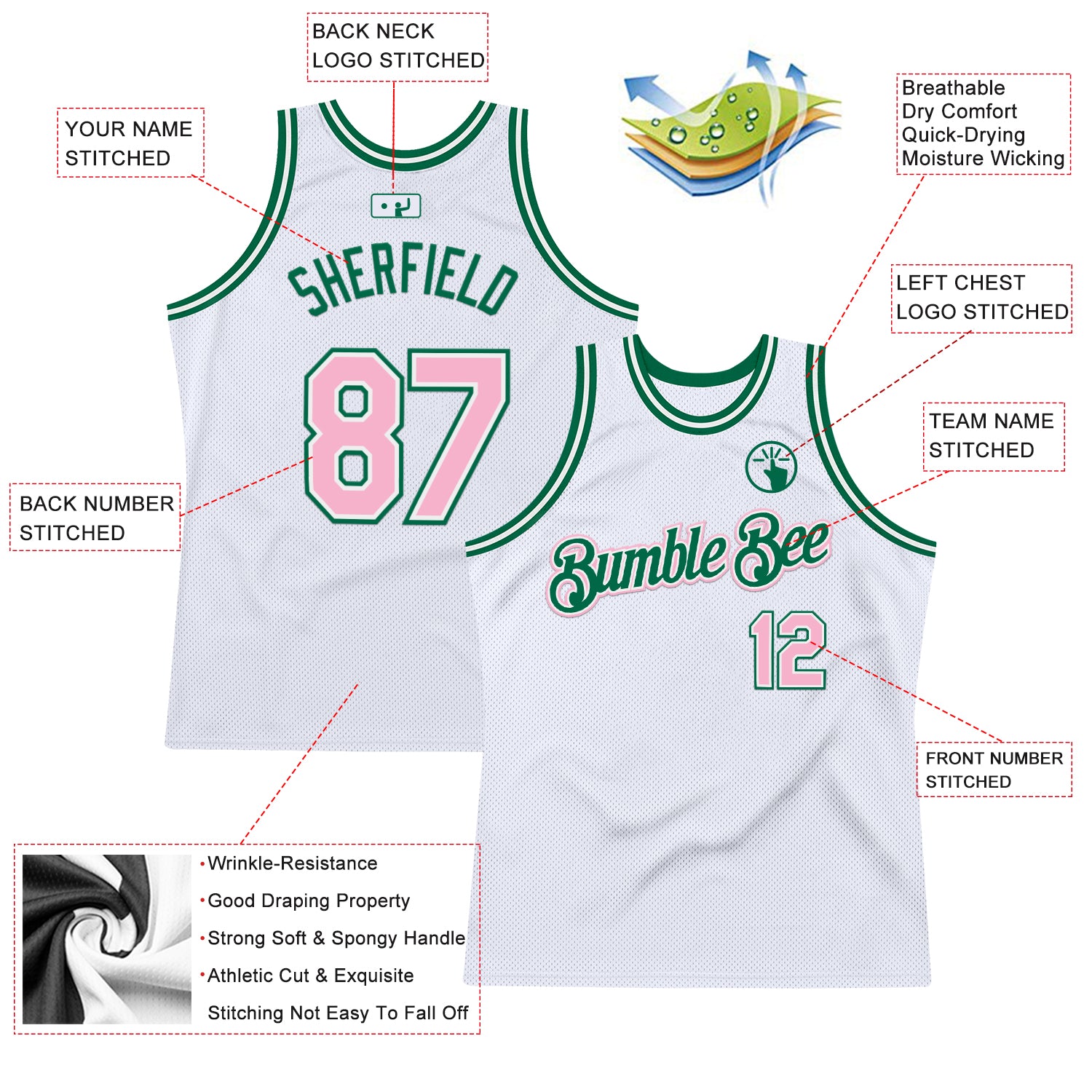 Custom White Light Pink-Kelly Green Authentic Throwback Basketball Jersey