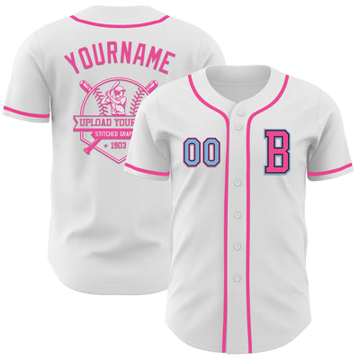 Custom White Light Blue Black-Pink Authentic Baseball Jersey