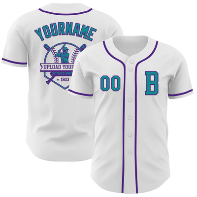 Custom White Teal-Purple Authentic Baseball Jersey