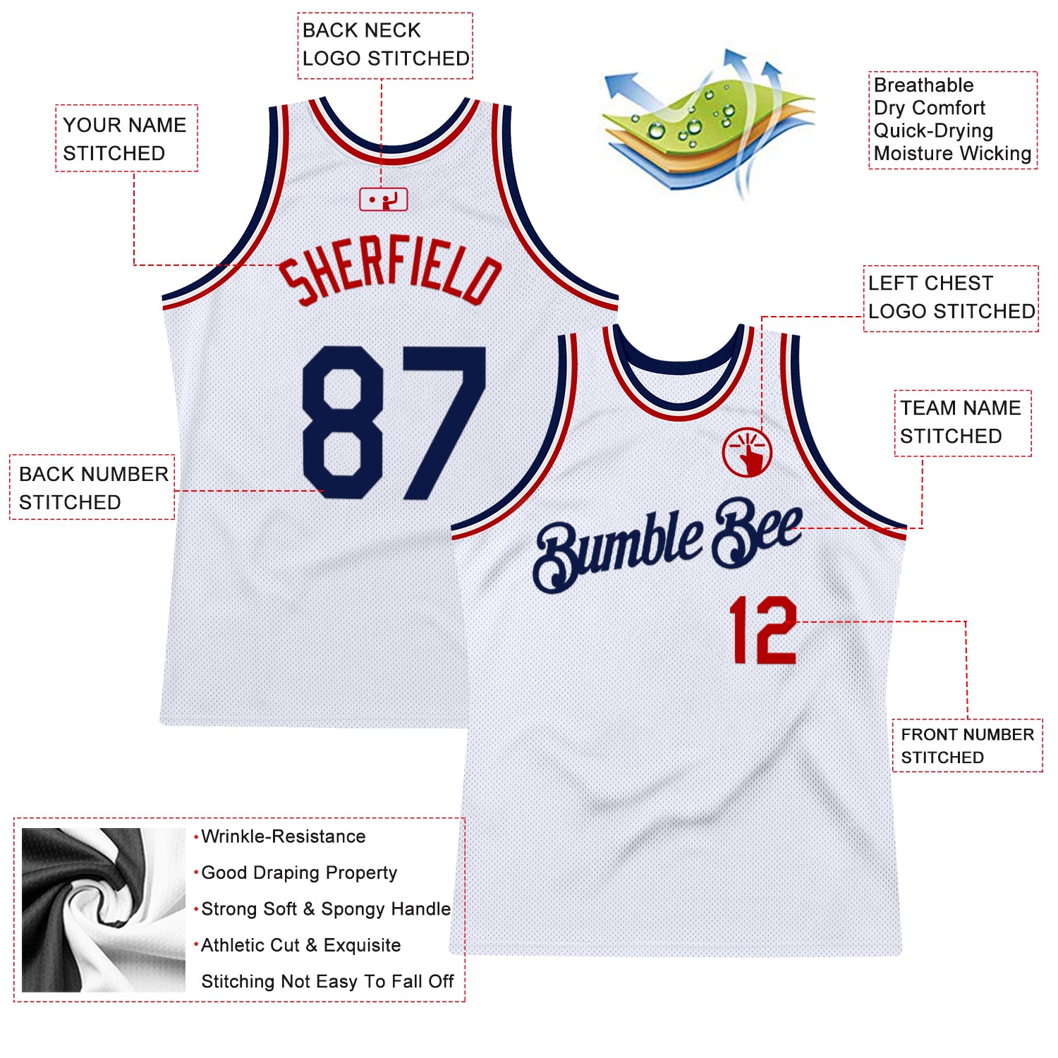 Custom White Navy-Red Authentic Throwback Basketball Jersey