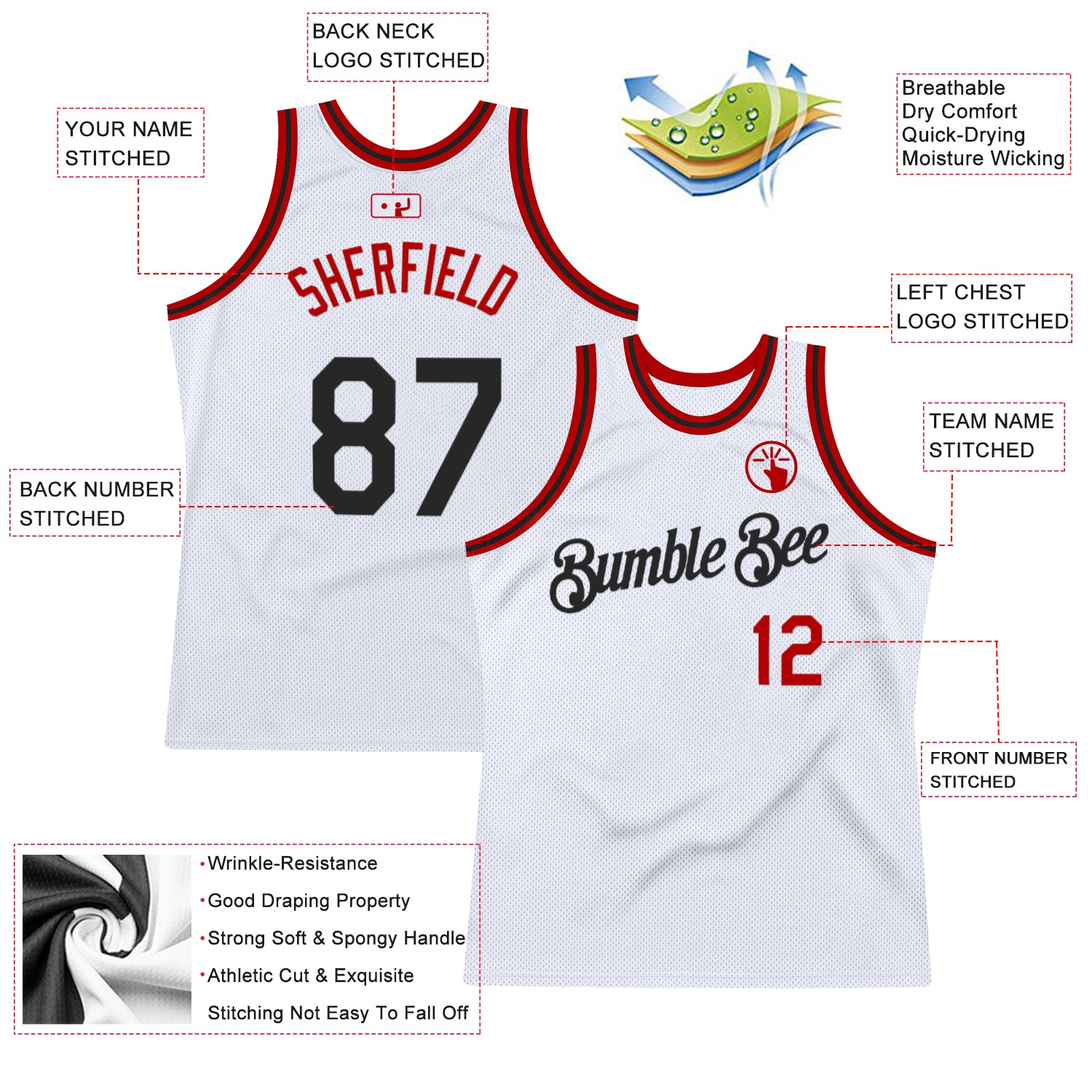 Custom White Black-Red Authentic Throwback Basketball Jersey