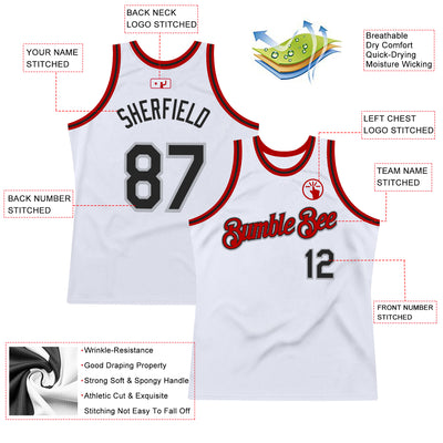Custom White Black Gray-Red Authentic Throwback Basketball Jersey