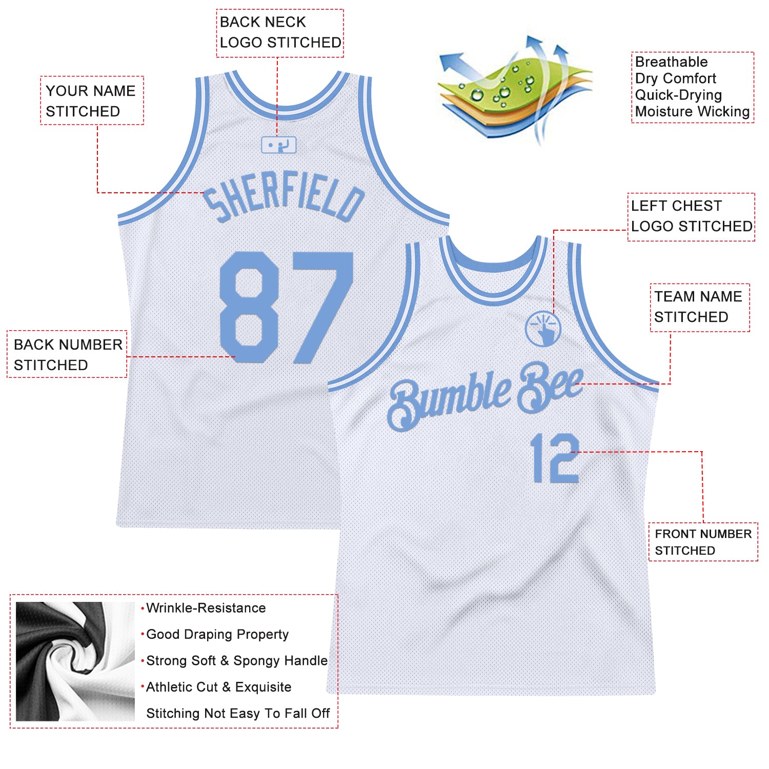 Custom White Light Blue Authentic Throwback Basketball Jersey