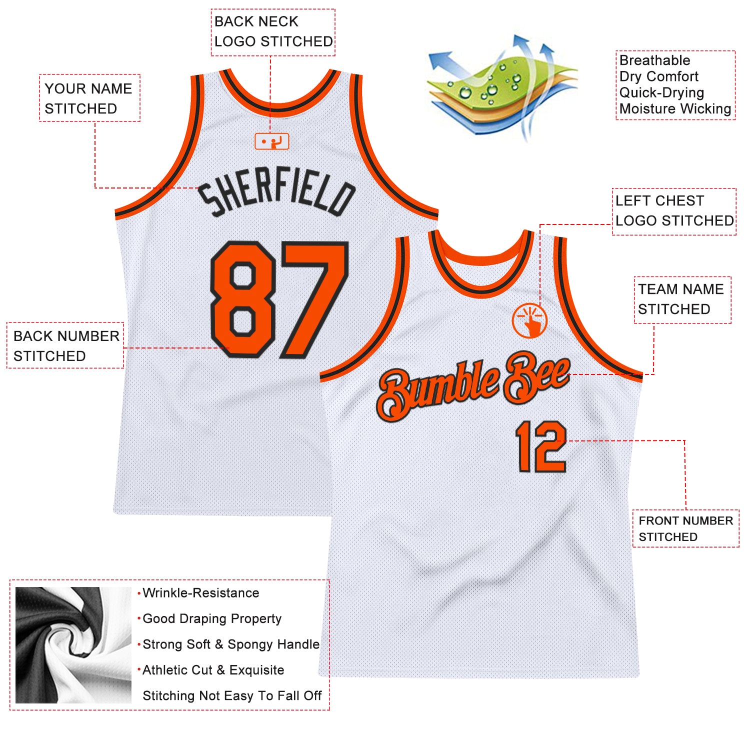 Custom White Orange-Black Authentic Throwback Basketball Jersey
