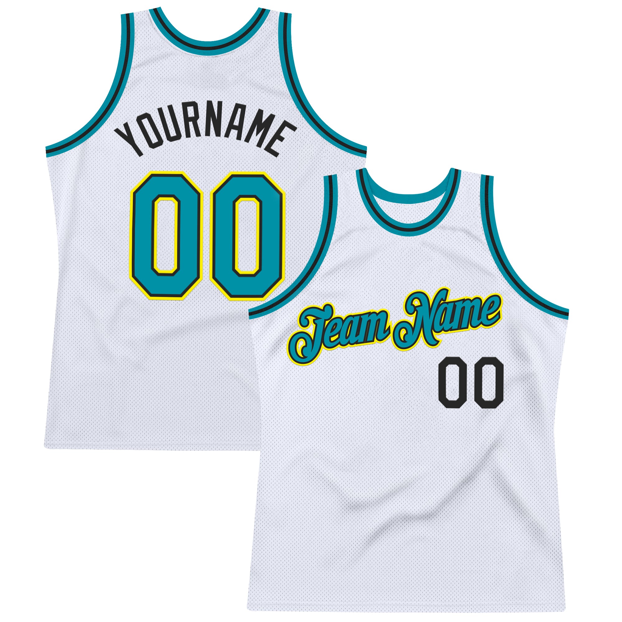 Custom White Teal Black-Light Yellow Authentic Throwback Basketball Jersey