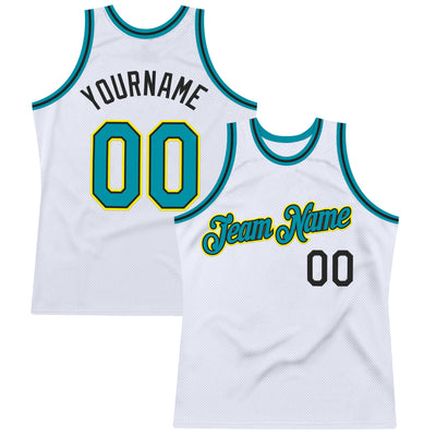 Custom White Teal Black-Light Yellow Authentic Throwback Basketball Jersey