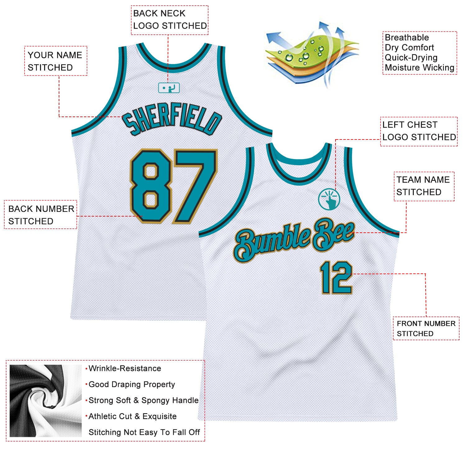 Custom White Teal Black-Old Gold Authentic Throwback Basketball Jersey