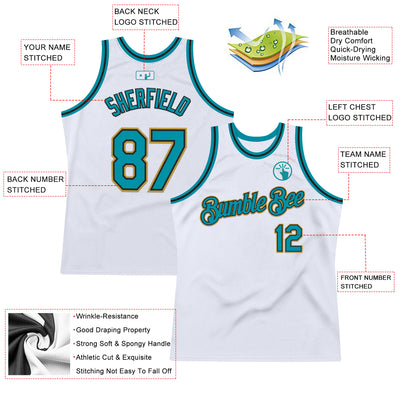 Custom White Teal Black-Old Gold Authentic Throwback Basketball Jersey