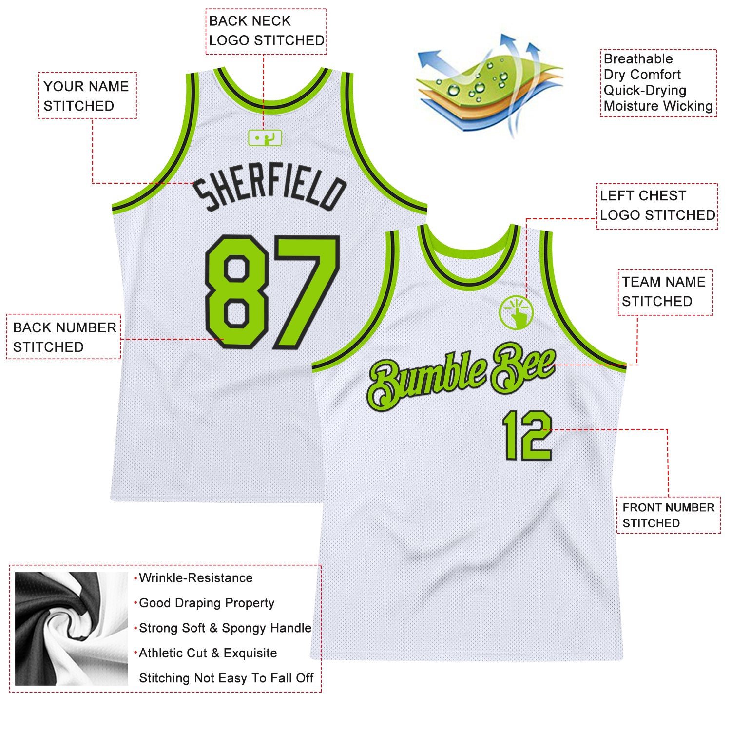 Custom White Neon Green-Black Authentic Throwback Basketball Jersey