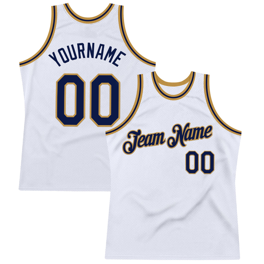 Custom White Navy-Old Gold Authentic Throwback Basketball Jersey