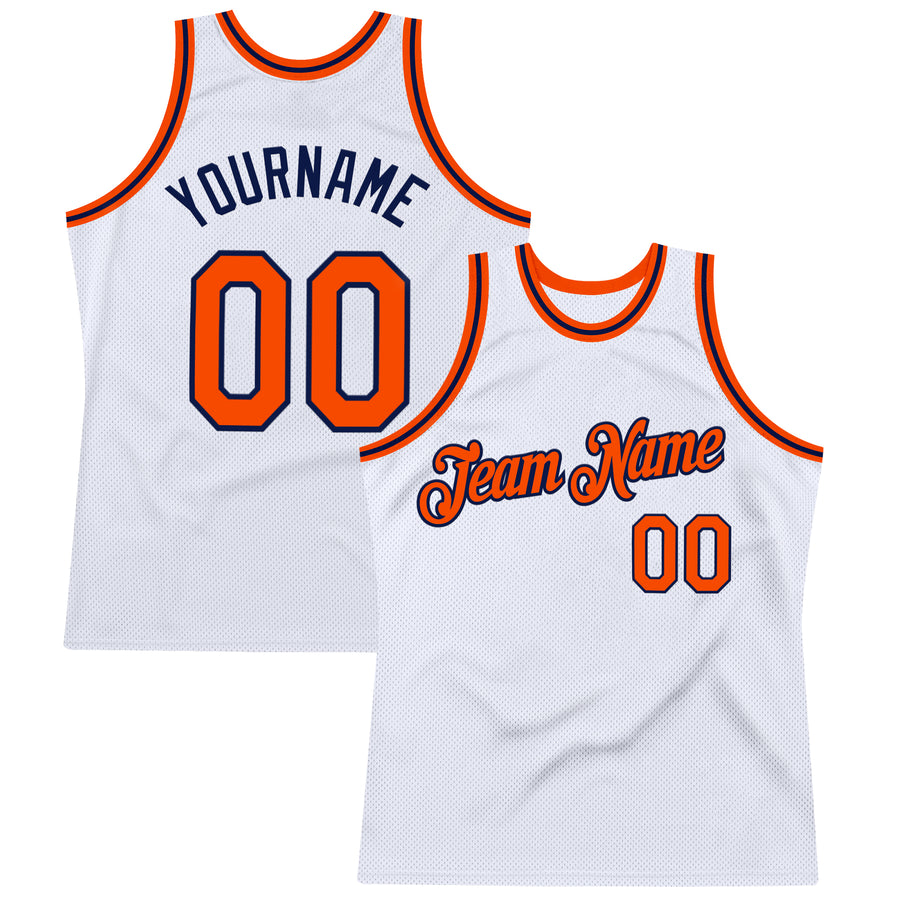 Custom White Orange-Navy Authentic Throwback Basketball Jersey