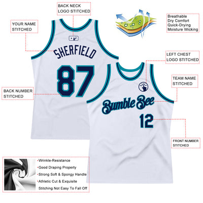 Custom White Navy-Teal Authentic Throwback Basketball Jersey