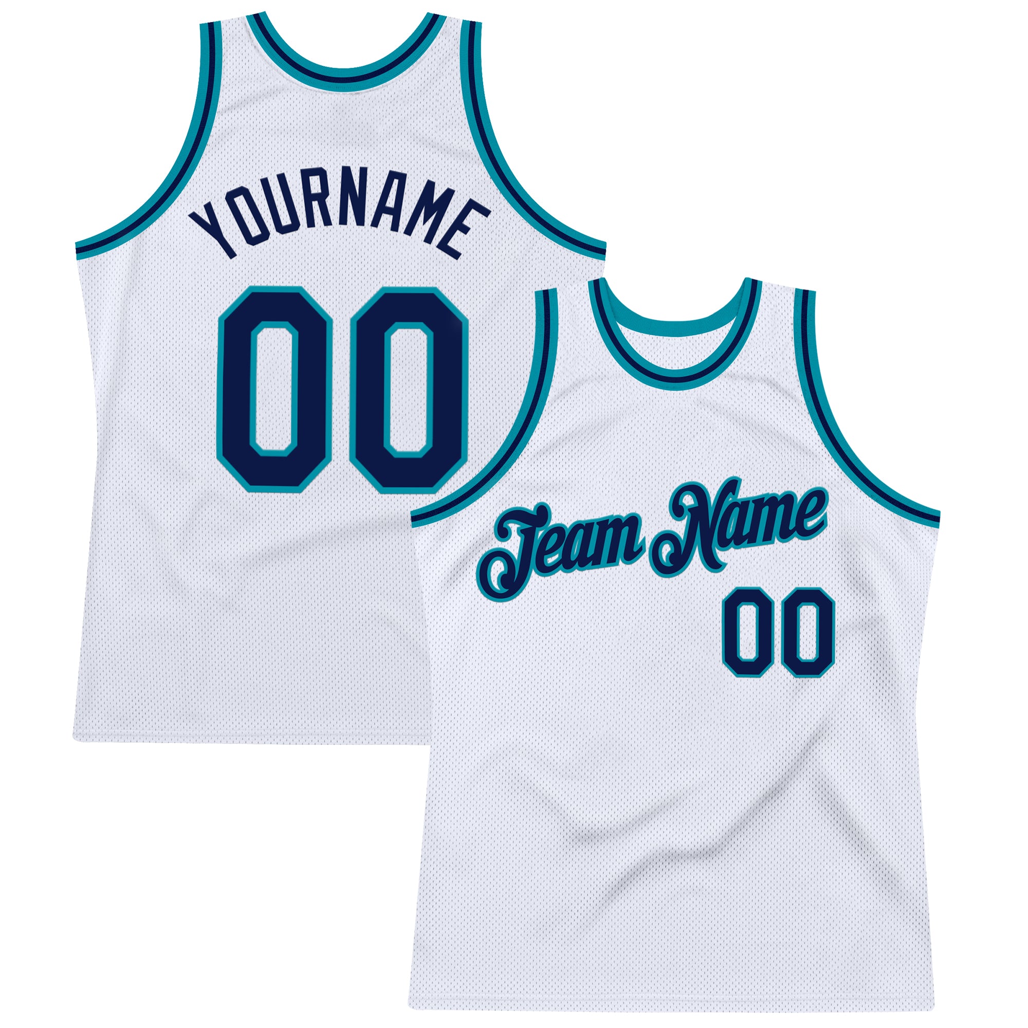 Custom White Navy-Teal Authentic Throwback Basketball Jersey