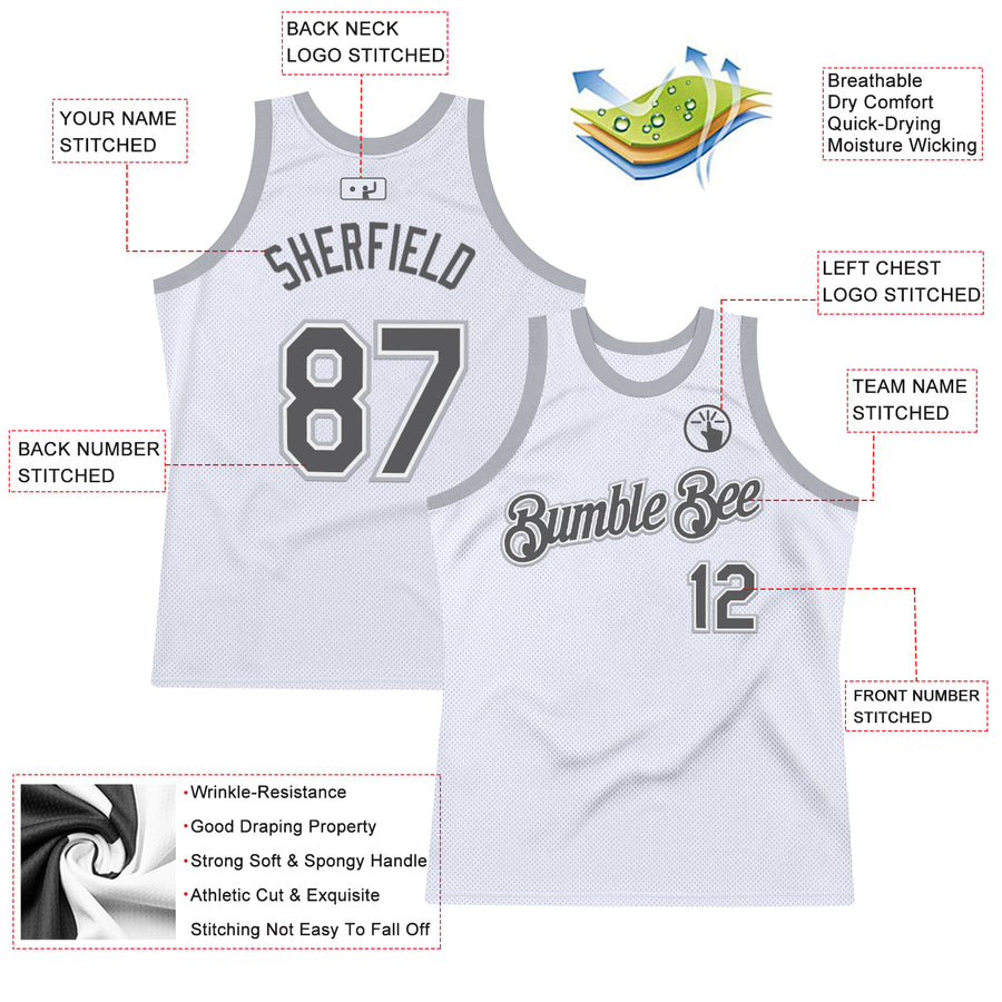 Custom White Steel Gray-Gray Authentic Throwback Basketball Jersey