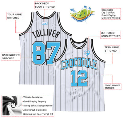 Custom White Black Pinstripe Sky Blue Authentic Basketball Jersey
