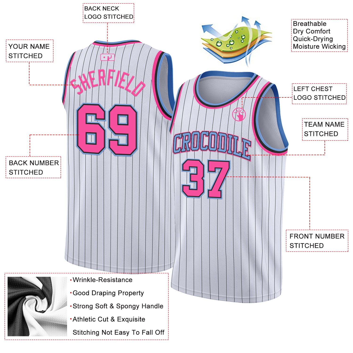 Custom White Black Pinstripe Pink-Light Blue Authentic Basketball Jersey
