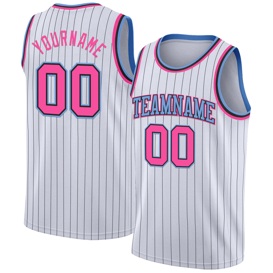 Custom White Black Pinstripe Pink-Light Blue Authentic Basketball Jersey