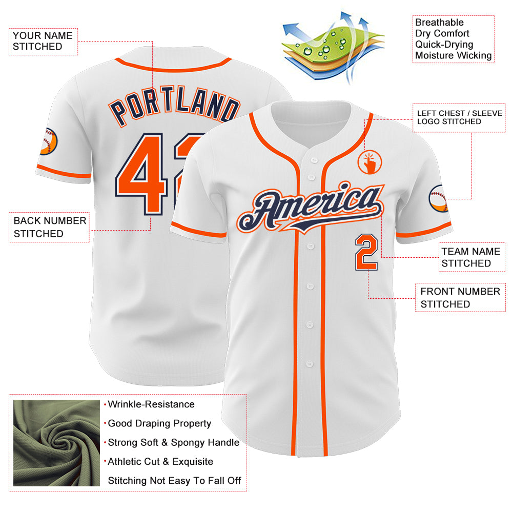 Custom White Orange-Navy Authentic Baseball Jersey