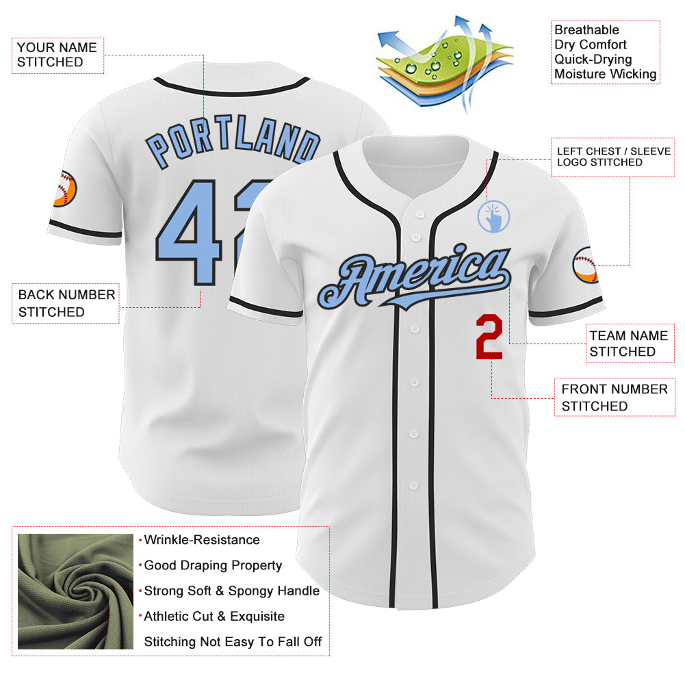 Custom White Light Blue Black-Red Authentic Baseball Jersey