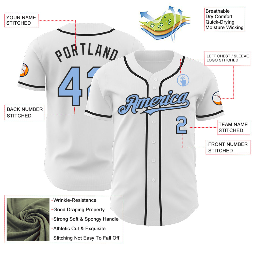 Custom White Light Blue-Black Authentic Baseball Jersey