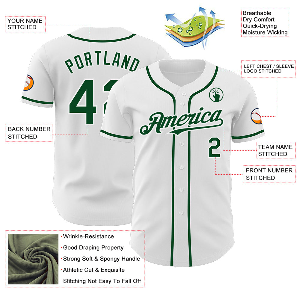 Custom White Green Authentic Baseball Jersey