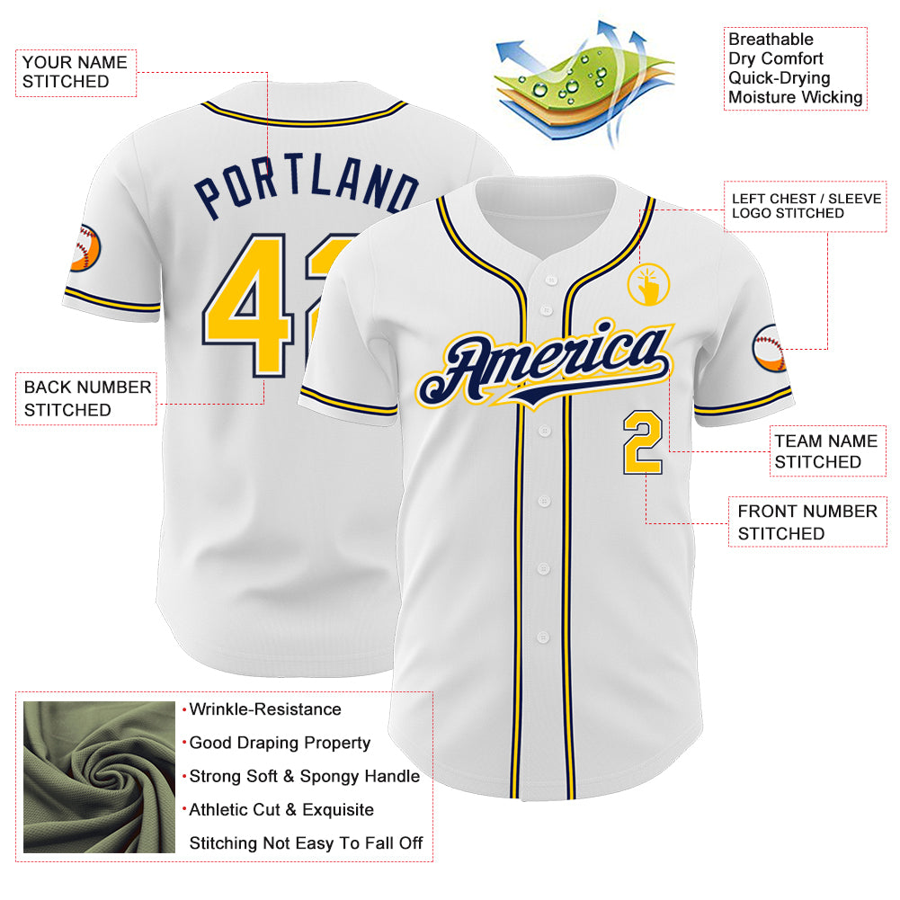 Custom White Yellow-Navy Authentic Baseball Jersey