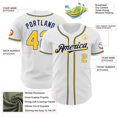 Custom White Yellow-Navy Authentic Baseball Jersey
