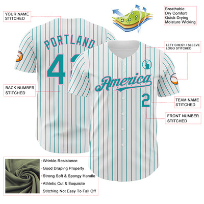 Custom White Teal Pinstripe Light Pink Authentic Baseball Jersey