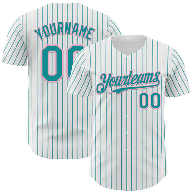 Custom White Teal Pinstripe Light Pink Authentic Baseball Jersey