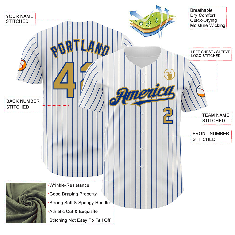 Custom White Royal Pinstripe Old Gold Authentic Baseball Jersey