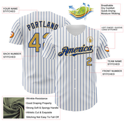 Custom White Royal Pinstripe Old Gold Authentic Baseball Jersey