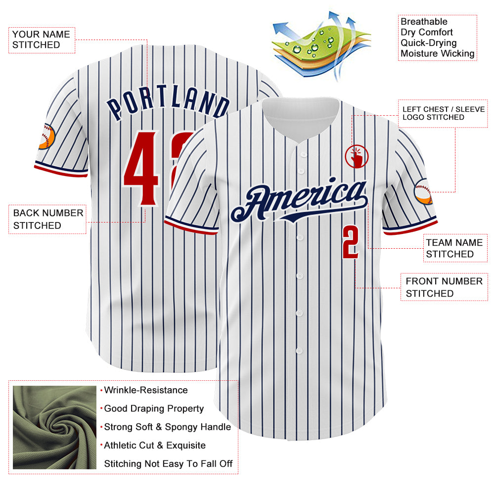 Custom White Navy Pinstripe Red Authentic Baseball Jersey