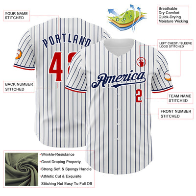Custom White Navy Pinstripe Red Authentic Baseball Jersey