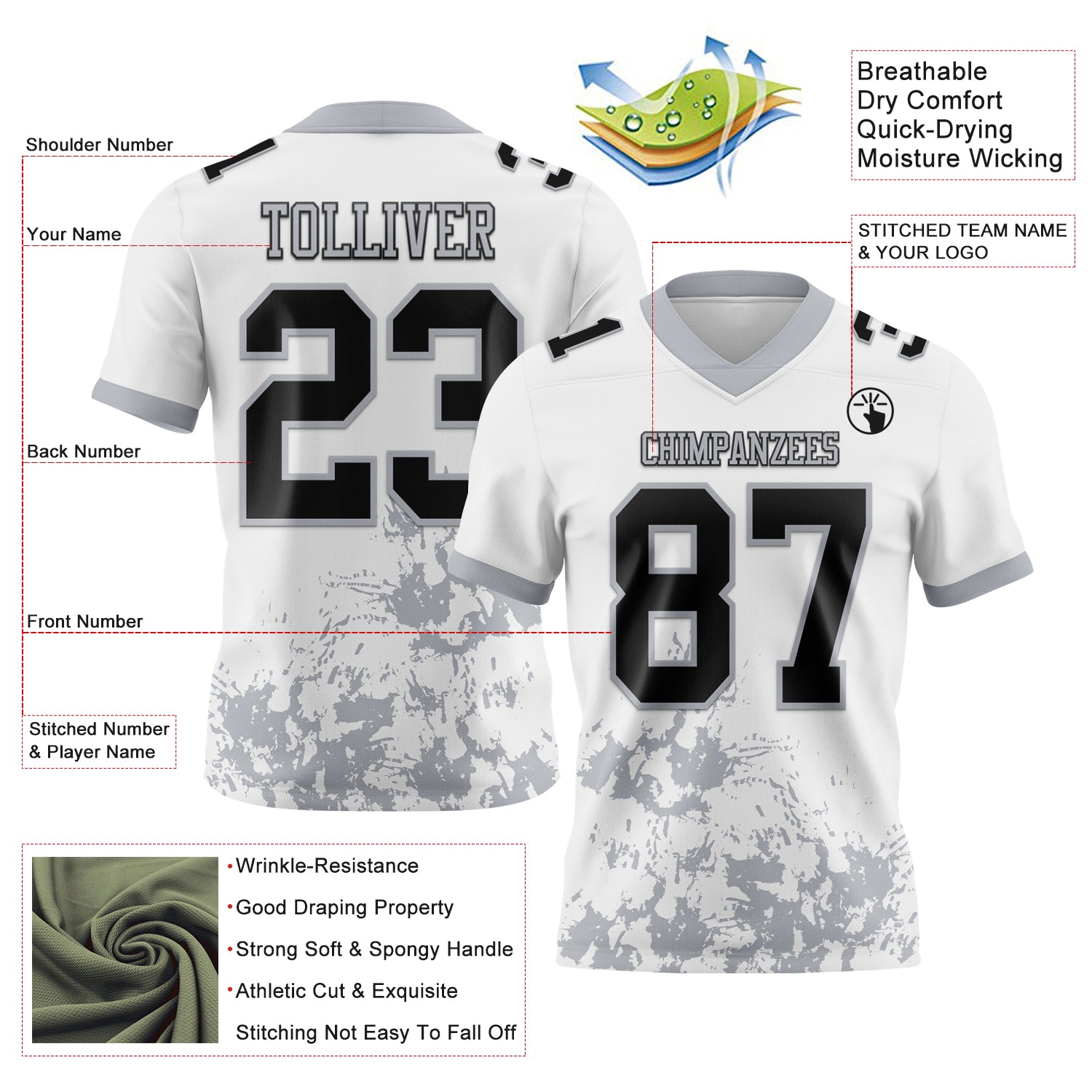 Custom White Black-Gray 3D Pattern Splash Authentic Football Jersey