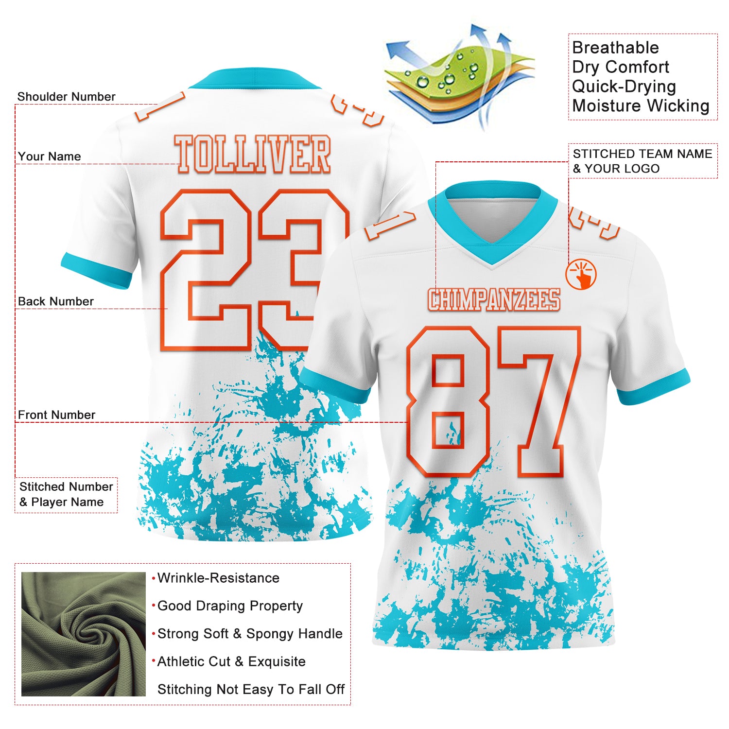 Custom White Lakes Blue-Orange 3D Pattern Splash Authentic Football Jersey
