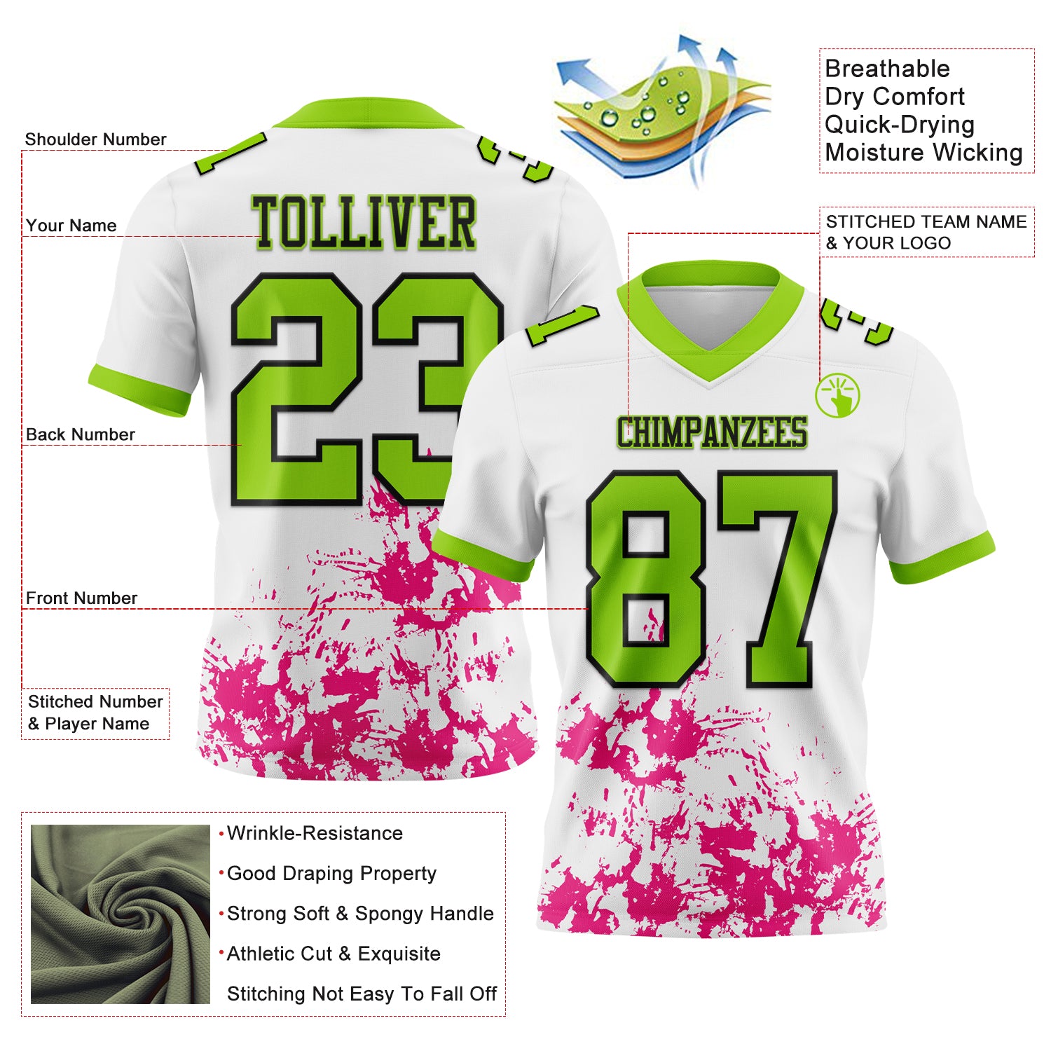 Custom White Neon Green Hot Pink-Black 3D Pattern Splash Authentic Football Jersey