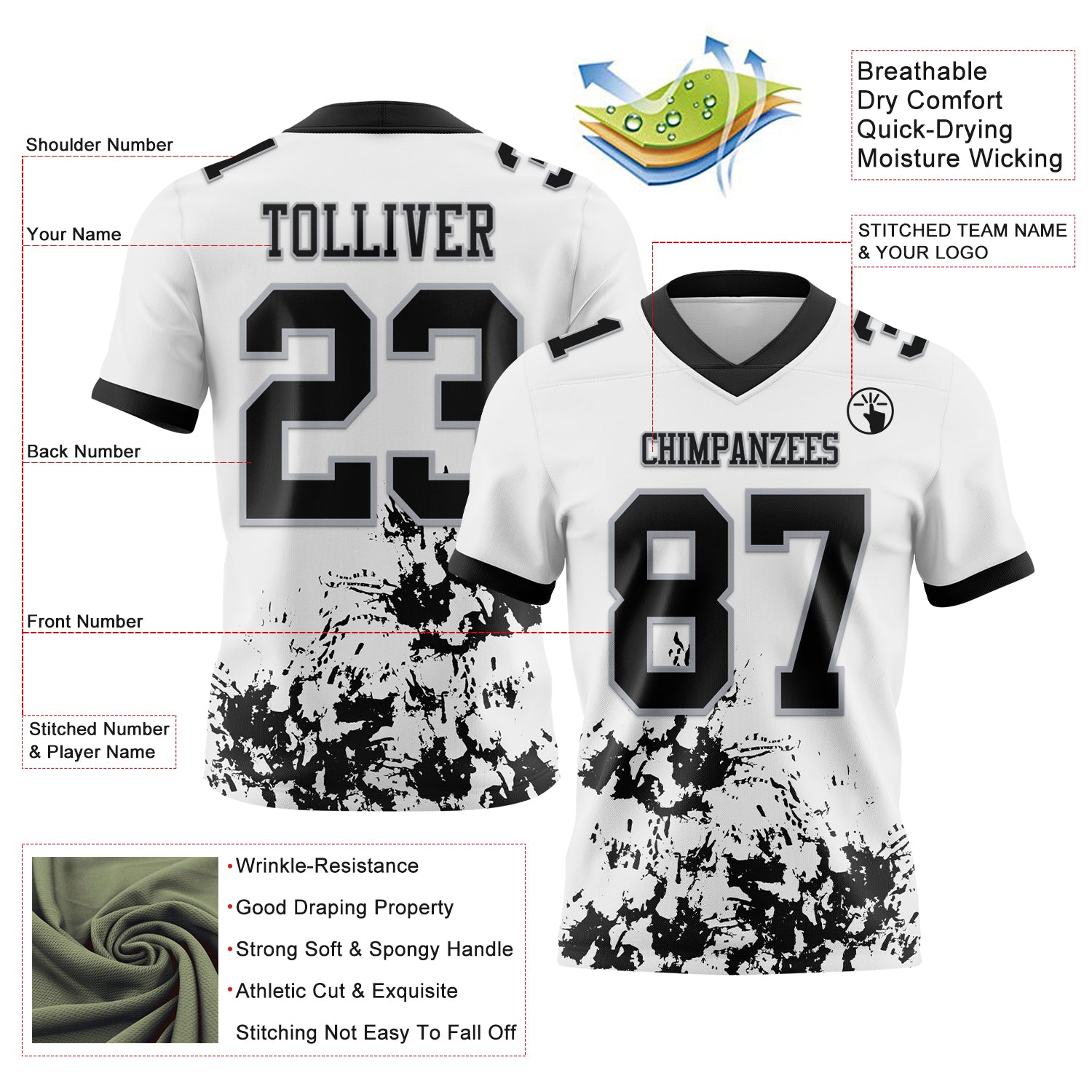 Custom White Black-Gray 3D Pattern Splash Authentic Football Jersey