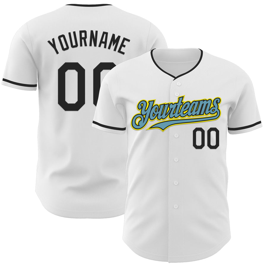 Custom White Black Shadow Blue-Light Yellow Authentic Baseball Jersey